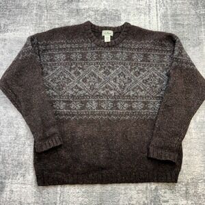 VTG LL Bean Sweater Mens XL Brown Fair Geometric Isle Ragg Wool Crewneck Chunky